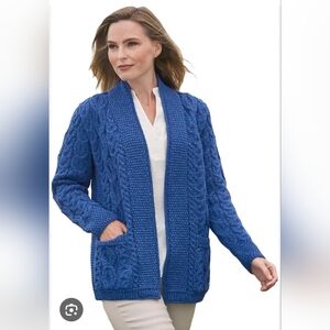Aran Mor Women's Blue Cable Knit Cardigan 100% Merino Wool
